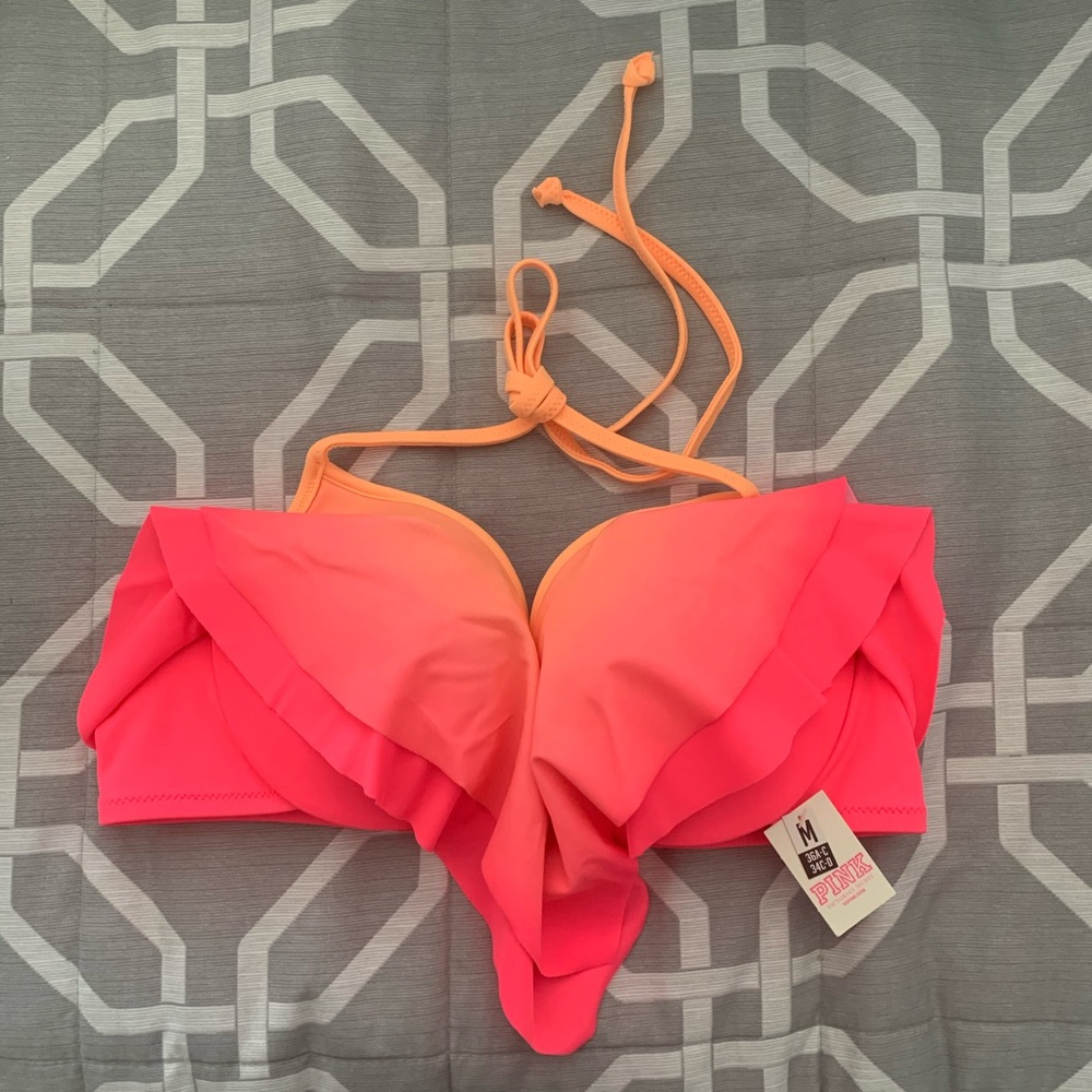 VS Pink Orange Pink Ombré Flouncy Halter Swim Top - Picture 2 of 4